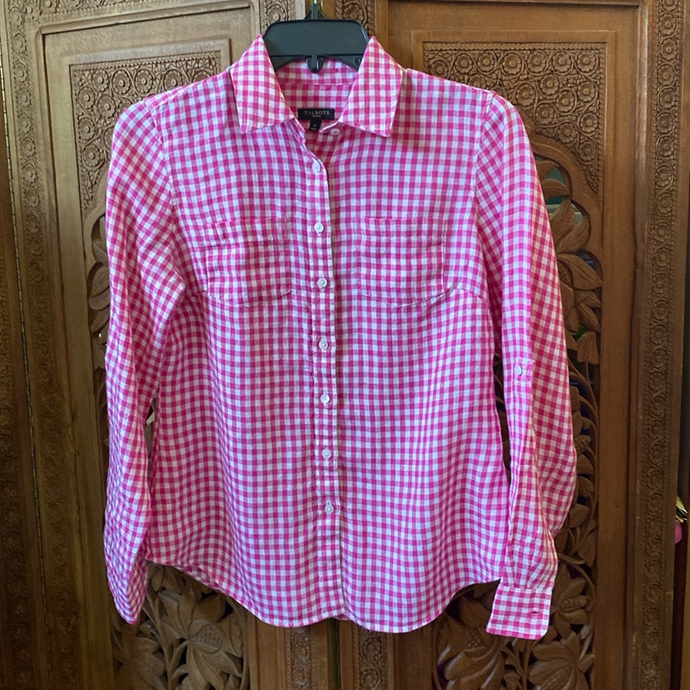 Talbots pink and white gingham stretch button down shirt